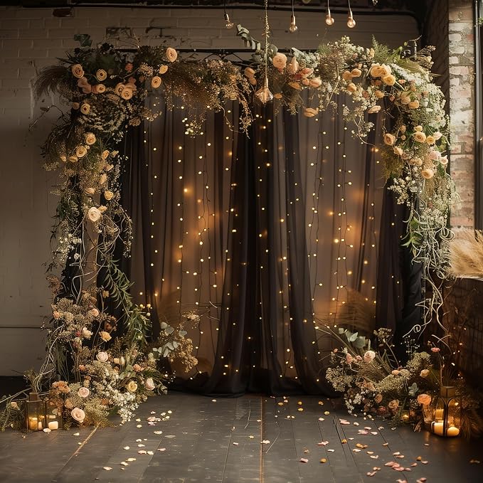 Fomcet Black Tulle Backdrop Curtains with Lights String 10FT X 10FT Sheer Curtains with Lights Tulle Curtain Backdrop for Wedding Birthday Party Photo Shoot (2 Panels 5x10FT)