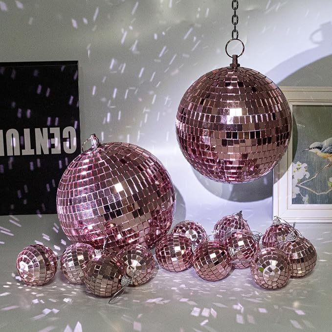 Mirror Balls, MUZTOP 14 Pack Disco Ball Ornaments Hanging Disco Mirror Ball for DJ Stage Club Wedding Holiday Home Party Decor, 6 Inch, 2 Inch (Rose Gold)