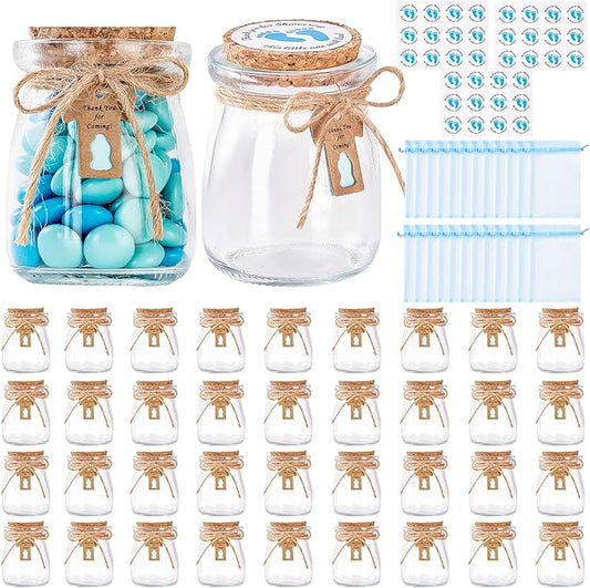 36 Pcs Baby Shower Party Favors for Guests, Baby Shower Gifts for Guest, 3.4 oz Small Glass Mason Jars with Cork Lids, Stickers, Label Tags, Twine, Organza Bags, Mini Candy Jar Favors for Boy