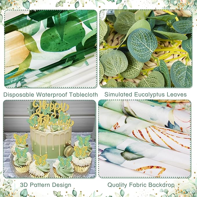 Sage Green Birthday Party Decoration Supplies for Boys Girls - Happy Birthday Backdrop, Tablecloth, Balloon Arch, Butterfly Stickers - Women Adult Decor, Neutral Baby Shower