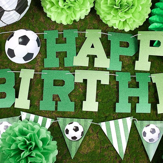 OBBOLO Soccer Birthday Party Decorations, Pre-Strung Soccer Birthday Banners, Including 2 Soccer Ball Paper Lanterns, Green Paper Fans and Pompoms for Boys Birthdays, Sports Party Decorations