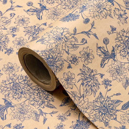 WRAPAHOLIC Kraft Blue Floral Wrapping Paper - Mini Roll - 17 Inch x 16.5 Feet - Vintage Blue Toile De Jouy Flower Wrapping Paper Perfect for Wedding, Birthday, Bridal Shower, Tea Party