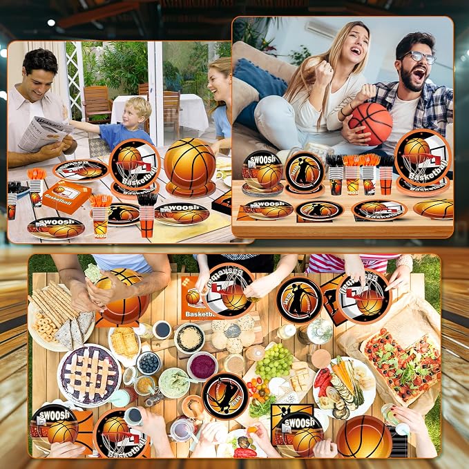 250 Pcs Basketball Birthday Party Decors Basketballs Disposable Party Tableware Sets Including Plates Cups Napkins Basketball Sports Theme Dinnerware for Sports Birthday Parties Supplies Serves 50