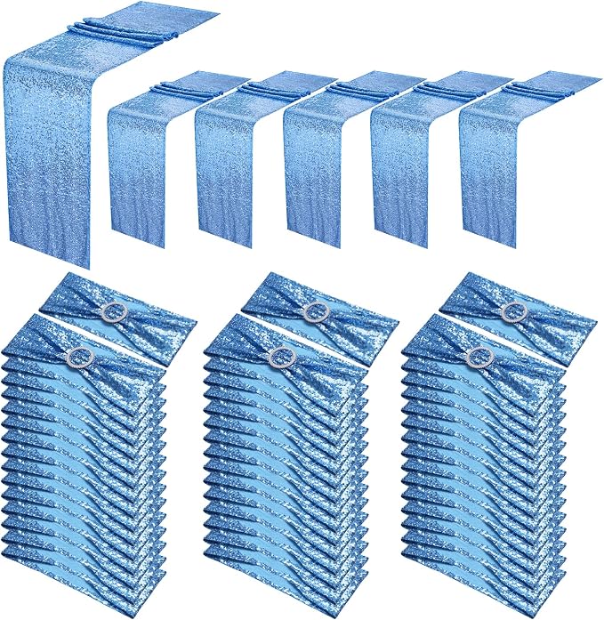 54 Pieces of Blue Sequin Chair Ribbons and Table Runners, 48 Sequin Chair Bows, 6 Glitter Table Runners, Suitable for Wedding Parties Birthday Meeting Events Decorations (Blue)