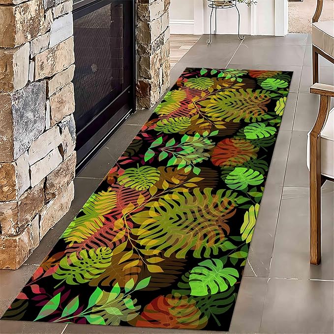 Washable Runner Rug, 3.3x10ft, 3D Printing Summer Tropical Jungle Green Leaf Rugs Plants Palm Tree Leaf Non Slip No Shedding Rugs, Indoor Floor Rug Nature Botanical Entryway Rug for Bedroom Kitchen