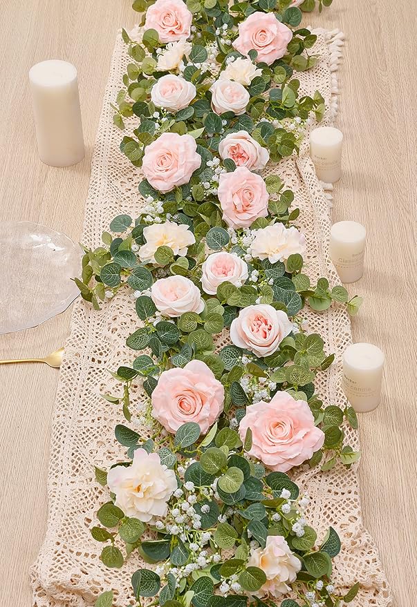 Anna's Whimsy 5.91FT Artificial Eucalyptus Garland with Flowers, Fake Rose Gypsophila Garland, Faux Floral Greenery Garlands for Wedding Spring Party Art Table Runner Decor (Pink, 1)