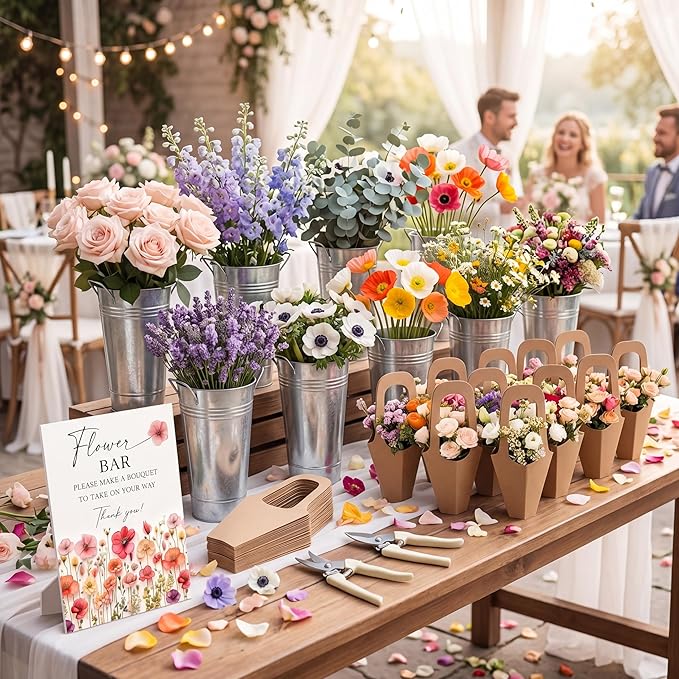 LEIFIDE Flower Bar Buckets Set Kit Bloom Bar Supplies Include Wood Sign Gift Bags Iron Bucket Garden Flower Shears for Wedding Bridal Shower Graduation Birthday Table Centerpieces(45 Pcs,Silver)