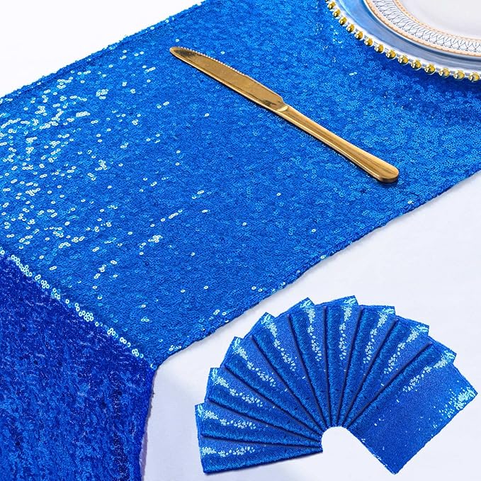 ShinyBeauty Blue Table Runner 12x108-Inches Pack of 10 - Royal Blue Sequin Home Decor for Wedding, Graduation, Party, Birthday, Baby Shower Table Runner