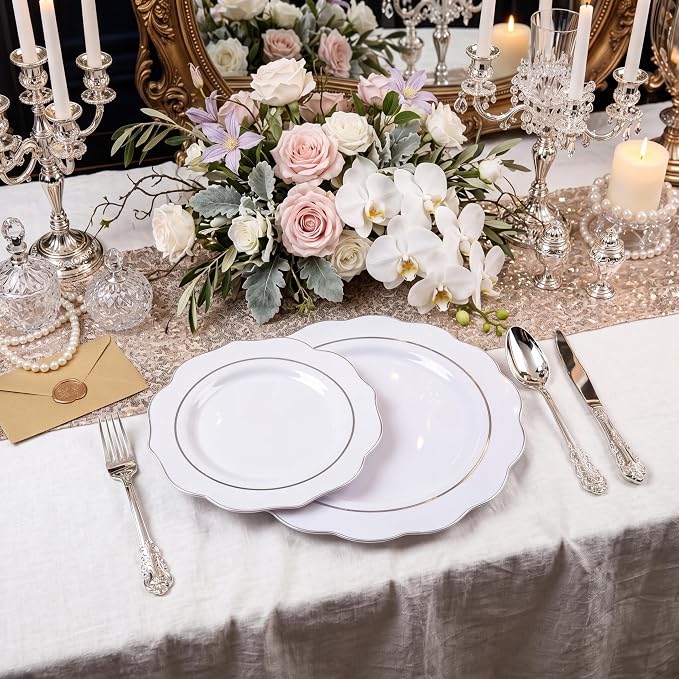 NOCCUR 175pcs Silver Plastic Plates - Silver Rim Plastic Tableware Include 25 Dinner/Dessert Plates, 25 Forks, 25 Knives, 25 Spoons for Wedding/Party