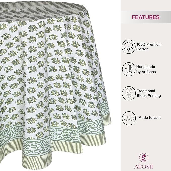 ATOSII Ivy Green 100% Cotton Round Boho Fall Tablecloth, Handblock Floral Table Cloth Linen for Kitchen Dining I Parties Weddings Outdoors Picnics Easter Mothers Day I 72" Inches Round I 4 Seater