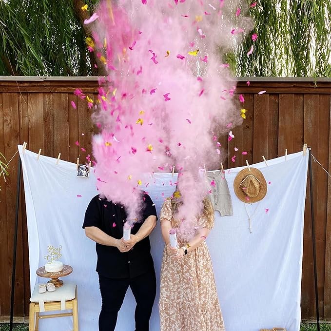 PrimePure Gender Reveal Confetti Cannon - Butterfly Confetti Popper & Biodegradable Powder Cannon - Pink, 4 Pack - Baby Girl Gender Reveal Smoke Bombs Baby Powder Pink Paper Party Poppers