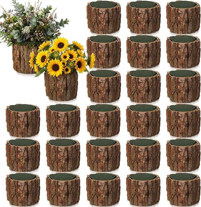 24 Set Wooden Vase for Centerpieces Wedding Flower Table Centerpieces Decor Rustic Bark Stump Bucket Farmhouse Wood Planter Pot for Woodland Party Window Home (Flower Foam,Medium)