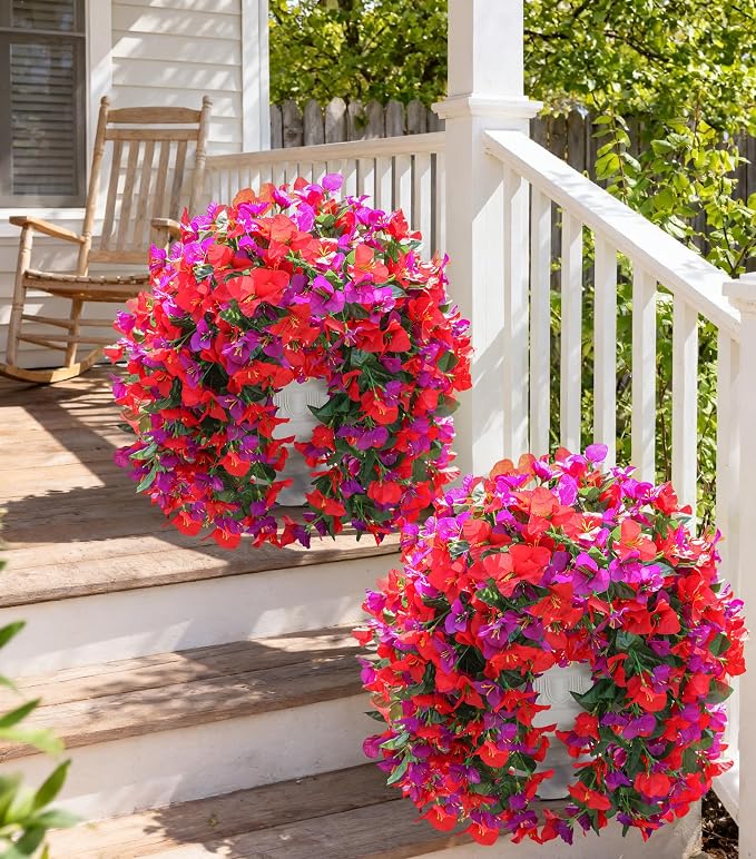 Faux Bougainvillea Artificial Flowers Plants for Outdoors Outside Decoration, 2pcs Fake Flowers Silk Long Trailing Vines UV Resistant Realistic for Front Door Porch Planter Urn Patio Balcony Yard, Mix