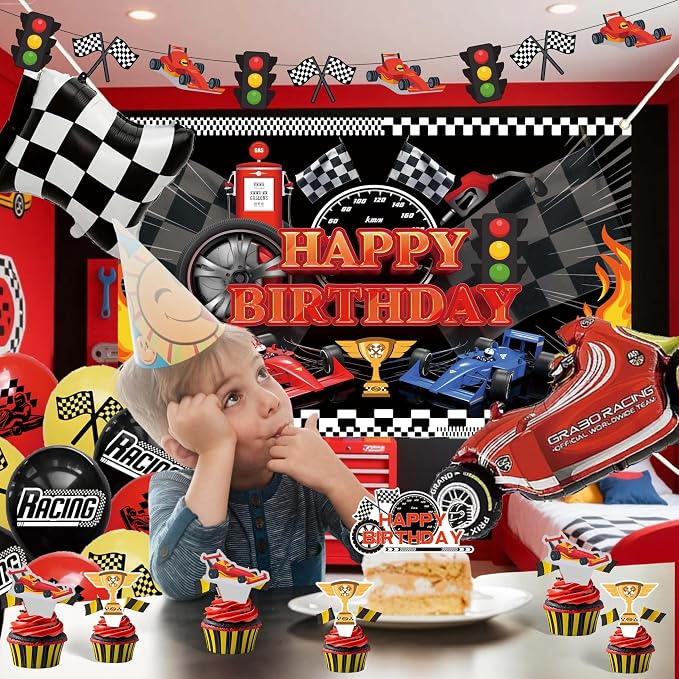 Happy Birthday Decorations For Women Men,Birthday Backdrop,Banner Balloons,Table Cloth,Paper pom poms Party Supplies for Girls Boys (Race car)