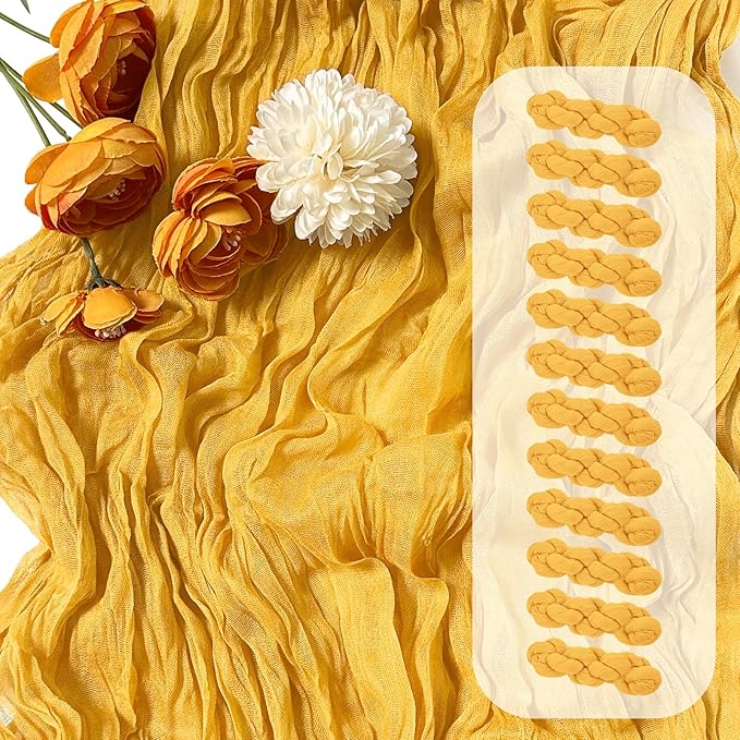 12 Pack Gold Cheesecloth Table Runner 17 x 108 Inch Gauze Table Runner Fabric Semi Sheer Cheese Cloth Table Decor Bulk for Rustic Romantic Wedding Baby Shower Table Decoration