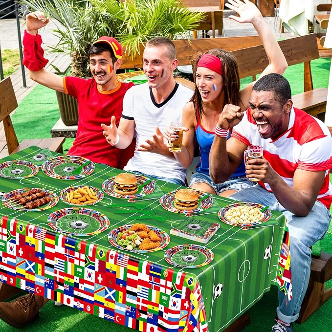 QZYL 122 Pcs 2026 World Soccer Party Decorations, Soccer Party Supplies Serve 30, Disposable Plates Napkins Tablecloth Forks, International World Flags Tableware Set for Sports Game Birthday Event