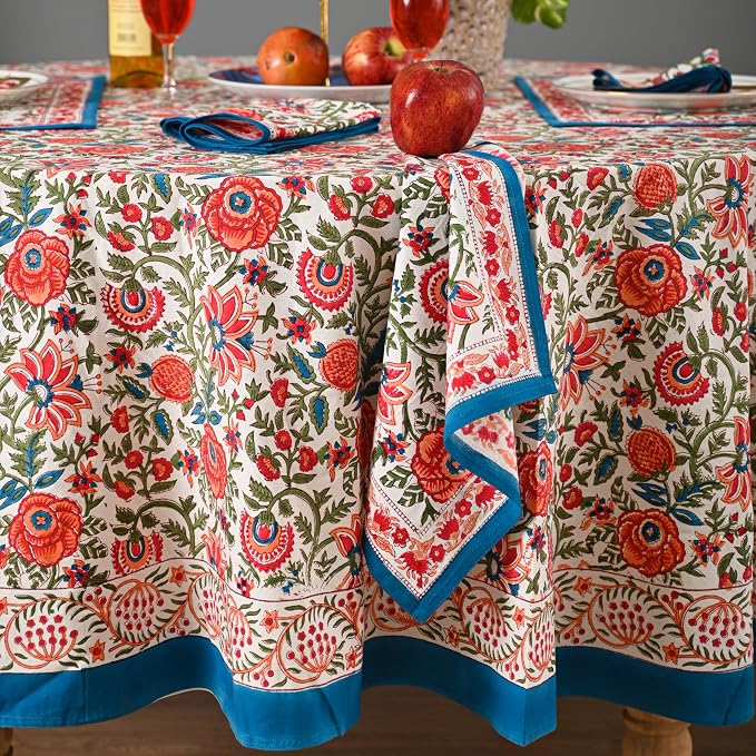 Hand Block Printed Tablecloth – Colorful Floral Print | 100% Cotton | Indian Artisan Handmade Art | Dining Room, Kitchen, Outdoor Décor, (Peach Floral, 8 Napkins, 90 Inches Round)