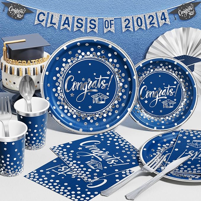 Ecomore 2026 Graduation Party Decoration - 350 PCS Grad Supplies Disposable Dinnerware Set (Severs 50) w/ Navy Blue Sliver Paper Plates Napkin Cup Plastic Cutlery for College High School Class of 2026