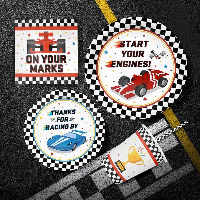 Recheel Racing Car Party Supplies Decorations, Checked Race Car Theme Birthday Paper Plates and Napkins Set with Cups and Straws for 24 Guests, 120 Pcs Disposable Party Dessert Dinnerwares