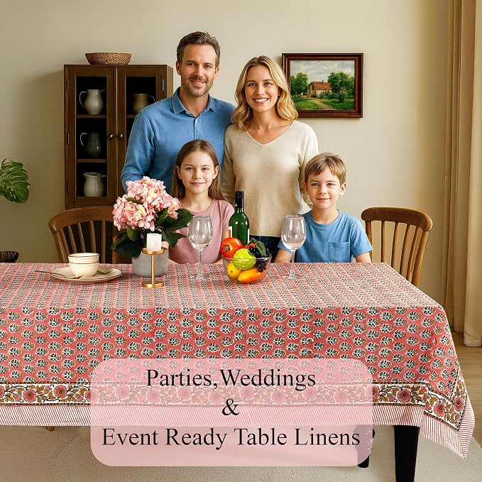 CPC Tablecloth 100% Cotton 70x108 Inch Indian Block Print Rectangle Table Cover, Washable Table Cloth for Weddings, Spring/Summer, Barbeque - Poppy Pink