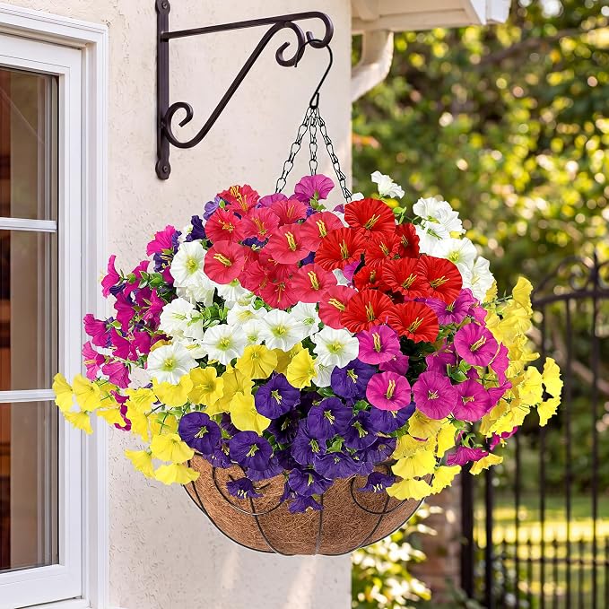 Artificial Flowers for Outdoors with Baskets Hanging Plant Faux Flowers UV Resistant Fake Silk Morning Glory with Eucalyptus for Planter Porch Garden Home Spring Summer Decoration(Mixed 6 colors)