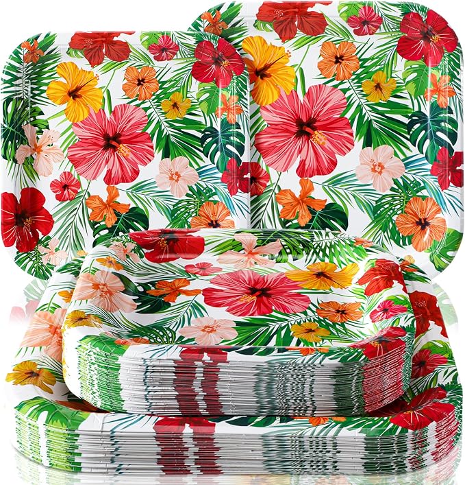 Umigy 100 Pcs Paper Plates Flower Dinner 9'' Floral Disposable Paper Plates 7'' Square Dessert Set for Dinner Birthday Wedding Baby Shower Party Tableware(Warm Color,Hawaiian)