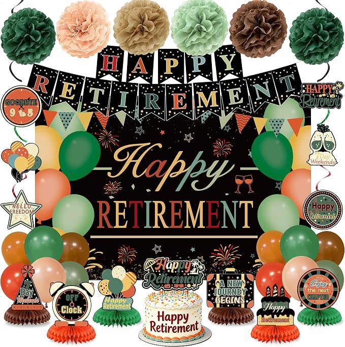 Retirement Party Decorations for Men Women Vintage Happy Retirement Banner Backdrop Balloons Paper Pompoms Honeycomb Centerpiece Cake Topper Hanging Swirl Set