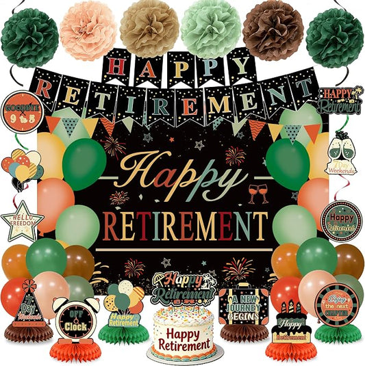 Retirement Party Decorations for Men Women Vintage Happy Retirement Banner Backdrop Balloons Paper Pompoms Honeycomb Centerpiece Cake Topper Hanging Swirl Set