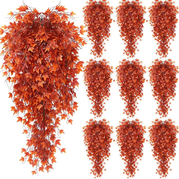 Daifunli 12 Pcs Artificial Fall Hanging Plants Fake Hanging Ferns Plastic Autumn Faux Plants for Wall Room Garden Garland Indoor Outdoor Decor No Basket (Maple Leaves)