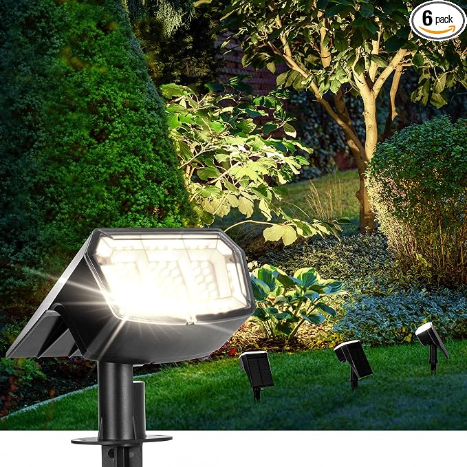 AUDERWIN Solar Spot Lights Outdoor 63 LED 3 Lighting,Waterproof IP65 Modes Spotlights for Outside House Yard Garden Landscape Lights 6 Pack (Natural Light)