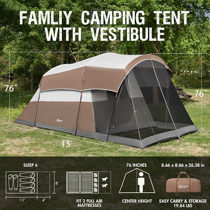 PORTAL 6/8/10 Person Family Camping Tent with Screen Room, Water Resistant Big Tunnel Tents with Rainfly, Large Family Tent for Camping, Outdoor, Patio