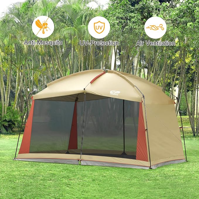 CAMPROS CP Screen House Room with 1 Side Wind/Sun Panel Canopy Tent Camping Tent Screen Shelter Gazebos for Patios Outdoor Camping Activities, 12'X10'X90in(H) - Beige