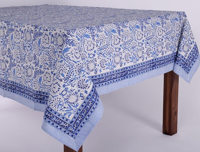 ATOSII Indigo Bloom 100% Cotton Rectangle Fall Tablecloth, Handblock Floral Linen Table Cloth for Dining Table I Parties Christmas Thanksgiving Grand Millennial Home Decor 72 X 120 Inches I 10 Seater