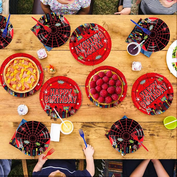 Grencian 96Pcs Cartoon Spider Birthday Party Decorations Red Blue Spider Birthday Plates and Napkins Disposable Hero Paper Tableware Set for Kids Baby Shower Super Theme Party Supplies, Serves 24