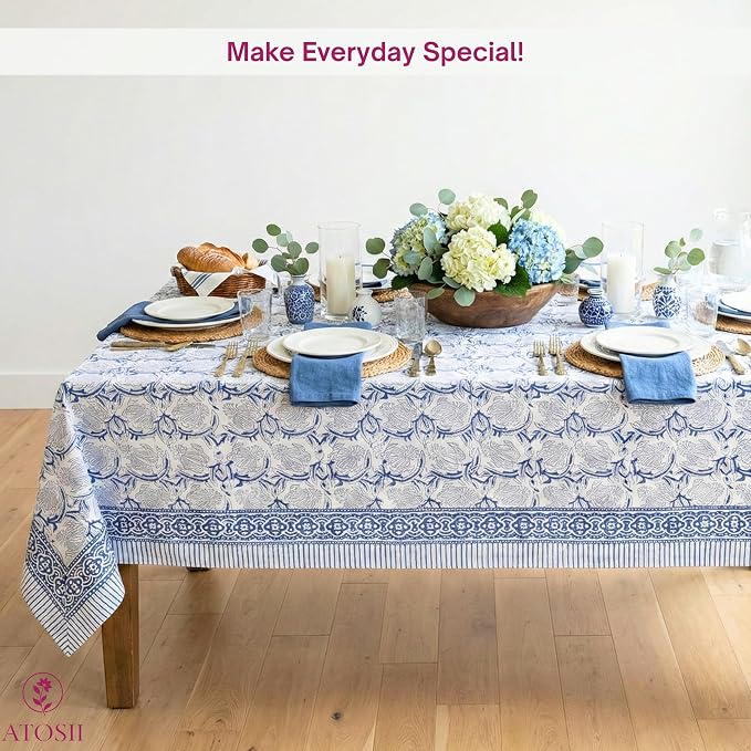 ATOSII ‘Santorini’ 100% Cotton Fall Tablecloth, Handblock Print Blue Rectangle Table Cloth for Kitchen I Dining Table Linen I Parties Wedding Christmas Thanksgiving I Fall Decor 60 X 90 Inches