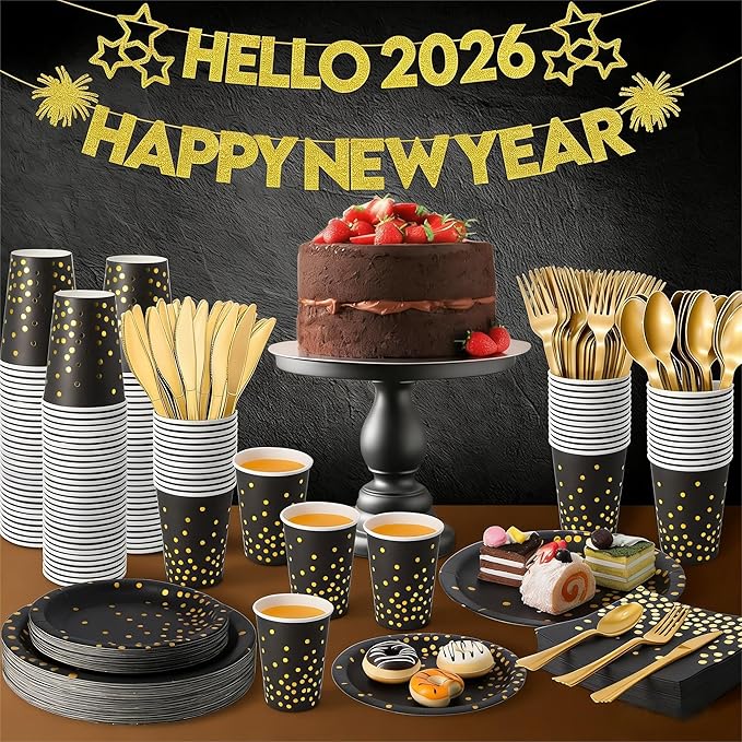 2026 New Years Decorations, 350PCS Black and Gold Party Supplies Disposable Dinnerware Set w/Black Gold Dot Paper Plates Napkins Cups Gold Plastic Fork Knives Spoon for Women Men Birthday Anniversary