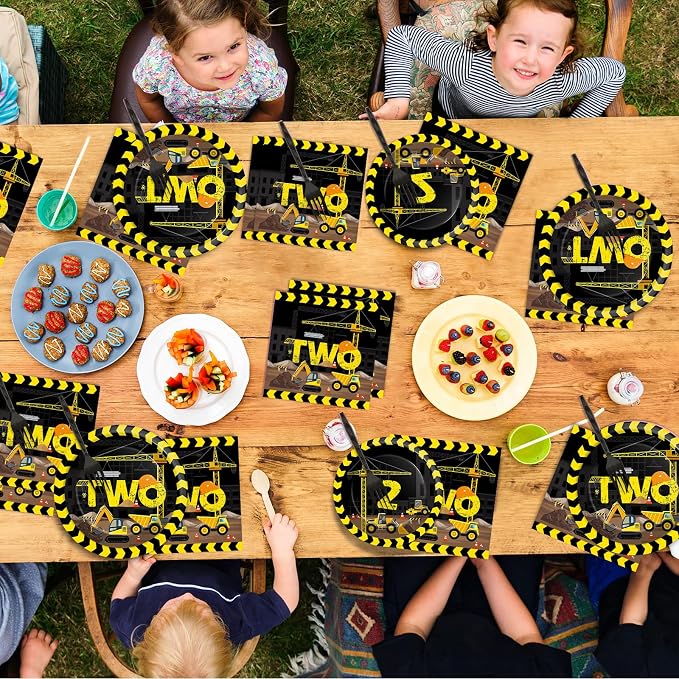 50 Guests Construction Birthday Plates and Napkins Forks Party Supplies Construction Truck Two Party Decorations Disposable Tableware Set Dinnerware Paper for Two Year Old Baby 2nd Birthday, 200PCS