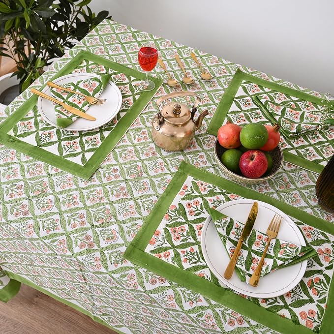 Hand Block Printed Tablecloth, Colorful Floral Print, Indian Artisan Handmade Art, Dining Room, Kitchen, Outdoor Décor, (Fresh Green Leaves, 6 Seater 60 x 90 Inches Rectangle)