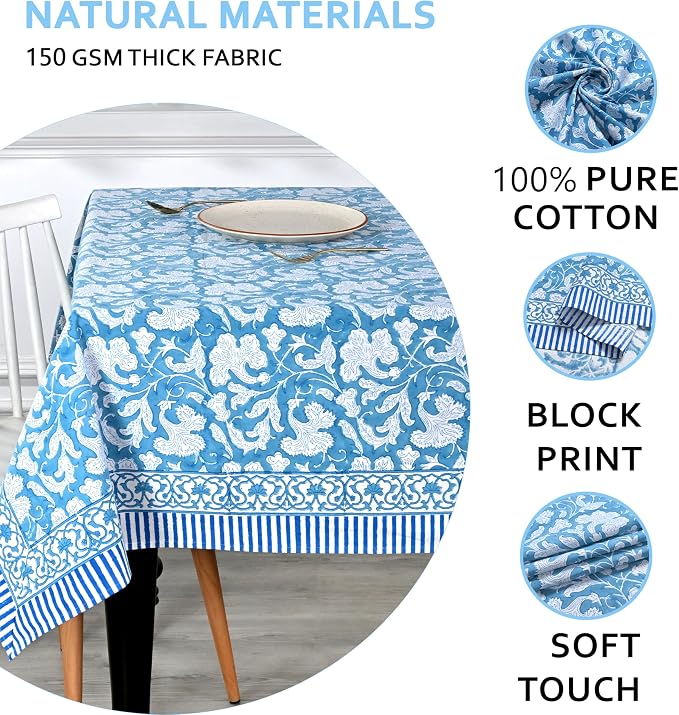 Ridhi Magic Blue Hand Block Print Cotton Rectangle Tablecloth 160" x 72" inches Reusable Table Cover Decorative Everyday Use for Dining Room, Farmhouse, Home Gift for Spring, Mother's Day