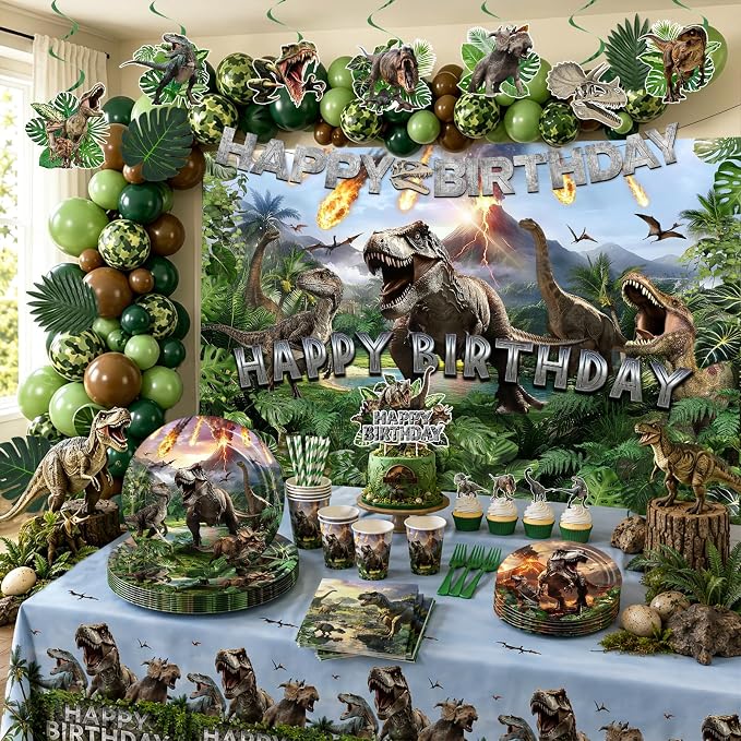 Dinosaur Birthday Party Decorations, 278 PCS Dino Party Supplies Serves 24 with Backdrop, Balloons, Plates Cups Napkins Forks, Cake Toppers, Banner, Swirls & Tablecloth for Boys Girls