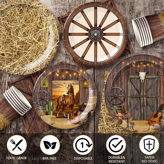 203pcs Western Cowboy Birthday Party Decorations Disposable Tableware Set Include Plates, Napkins, Cups, Cutlery, Balloon, Banner, Hanging Swirl, Tablecloth for Cowboy Birthday Decor Serve 24