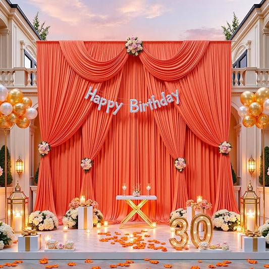 40ft x 10ft Orange Backdrop Drapes for Parties, 8 Panels Wrinkle-Free Polyester Background Curtains for Wedding, Birthday, Baby Shower Decorations
