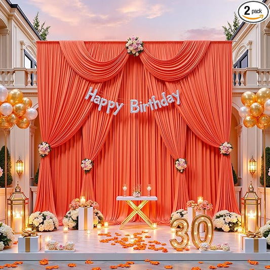 10ft x 10ft Orange Backdrop Drapes for Parties, 2 Panels Wrinkle-Free Polyester Background Curtains for Wedding, Birthday, Baby Shower Decorations