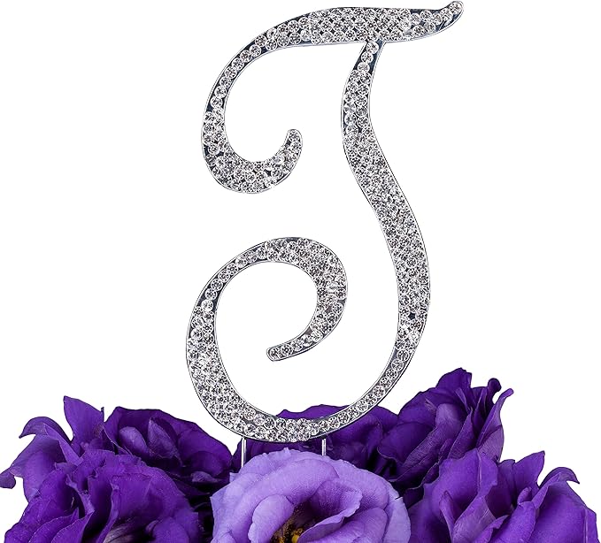 LOVENJOY Gift-Boxed 3.5" Rhinestone Monogram T Letter Cake Topper