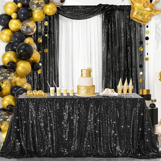 B-COOL Black Sequin Curtains Drapes 4 Panels Glitter Party Curtains 2FTx8FT for New Years Gothic Themed Party Birthday Stage Holiday Decorations