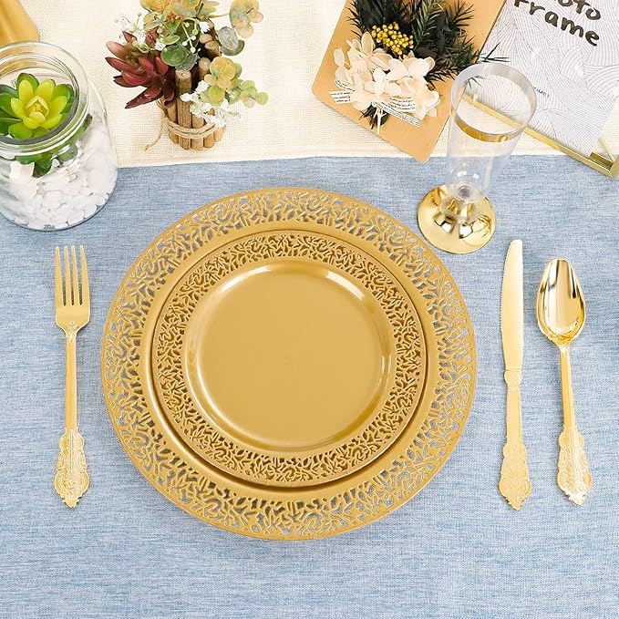 DaYammi 210Pcs Solid Gold Disposable Plates with Silverware and Cups,Gold Plastic Plates for Party Include: 30 Dinner Plate,30 Dessert Plate,30 Rolled Napkins with Cutlery,30 Cups for Party Wedding
