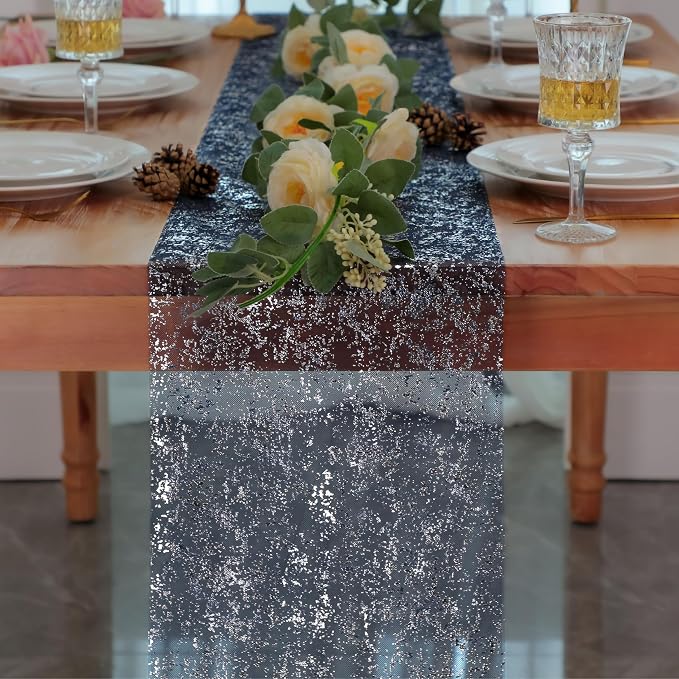 Snowkingdom Navy Blue Silver Table Runner Roll Glitter Sequin 2Pcs Sparkly Metallic Foil Sheer Mesh Elegant Centerpieces Party Decorations for Wedding Birthday Baby Shower Graduation Party Christmas