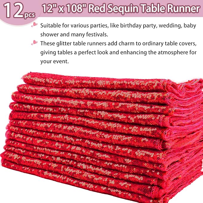 12 Packs 12 X 108 Inch Red Sequin Table Runner Glitter Dining Table Runner for Birthday Wedding Engagement Bridal Baby Shower Bachelorette Holiday Celebration Party Supplies Decorations (Red)