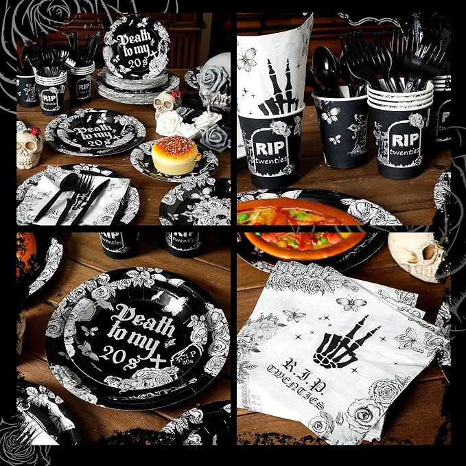 Hushee 324 Pcs Death to My 20s Decorations 30th Birthday Party Supplies Rip to My 20s Disposable Plates Cups Napkins Black Tableware Set for Youth 30th Birthday