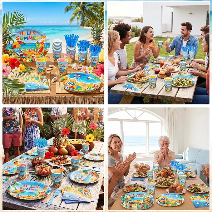 Pajean 350 Pcs Beach Party Decorations 12 in Disposable Oval Hello Summer Plates Napkins Summer Pool Beach Heavy Duty Paper Tableware Set for 50 Guests Hawaiian Birthday Pool Party Supplies